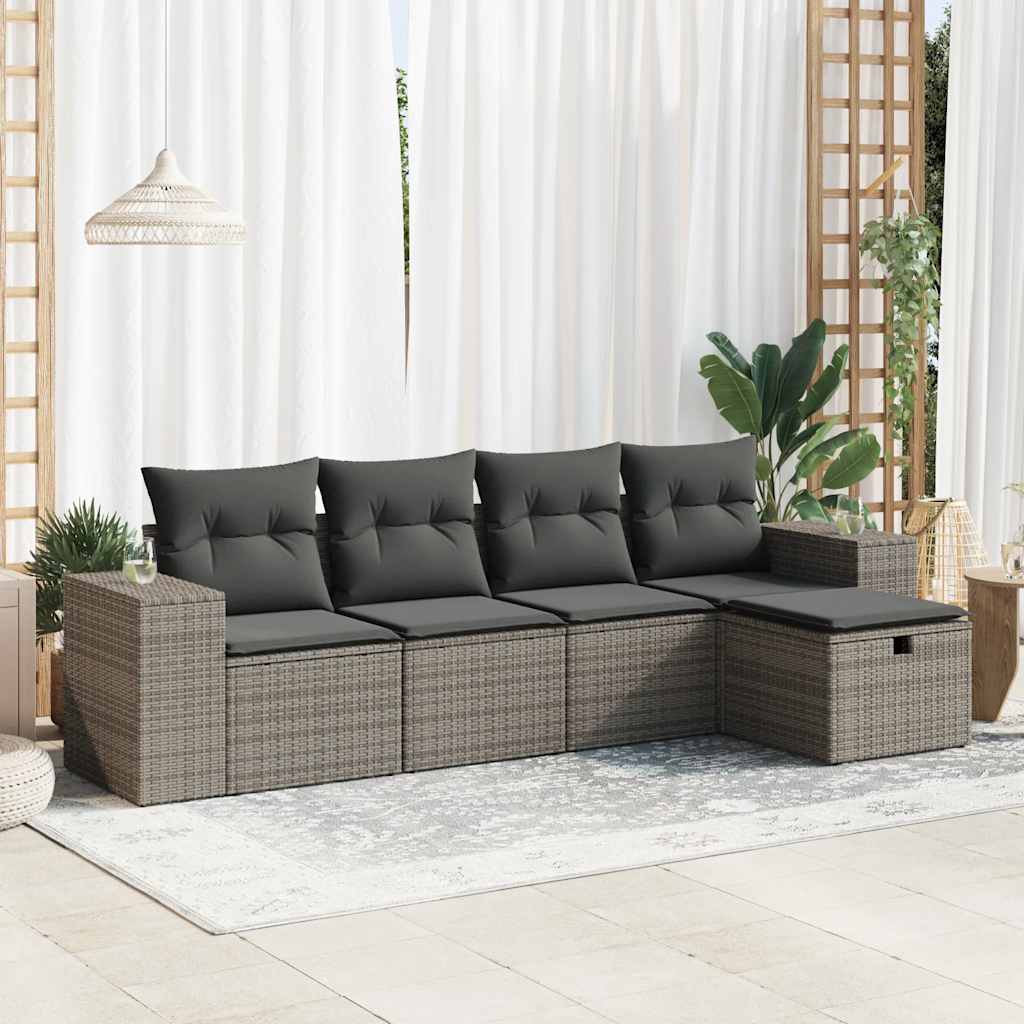 5 Piece Garden Sofa Set with Cushions Grey Poly Rattan