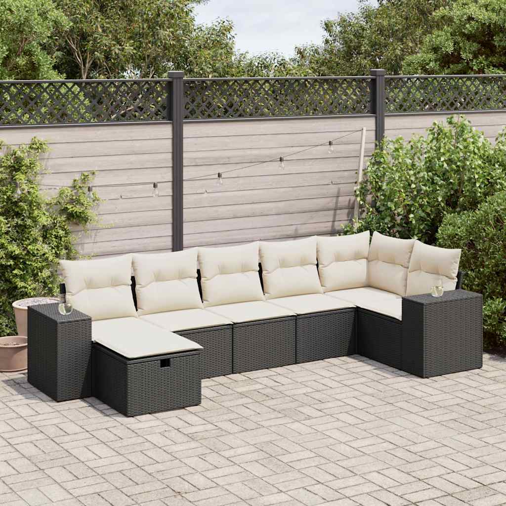 7 Piece Garden Sofa Set with Cushions Black Poly Rattan