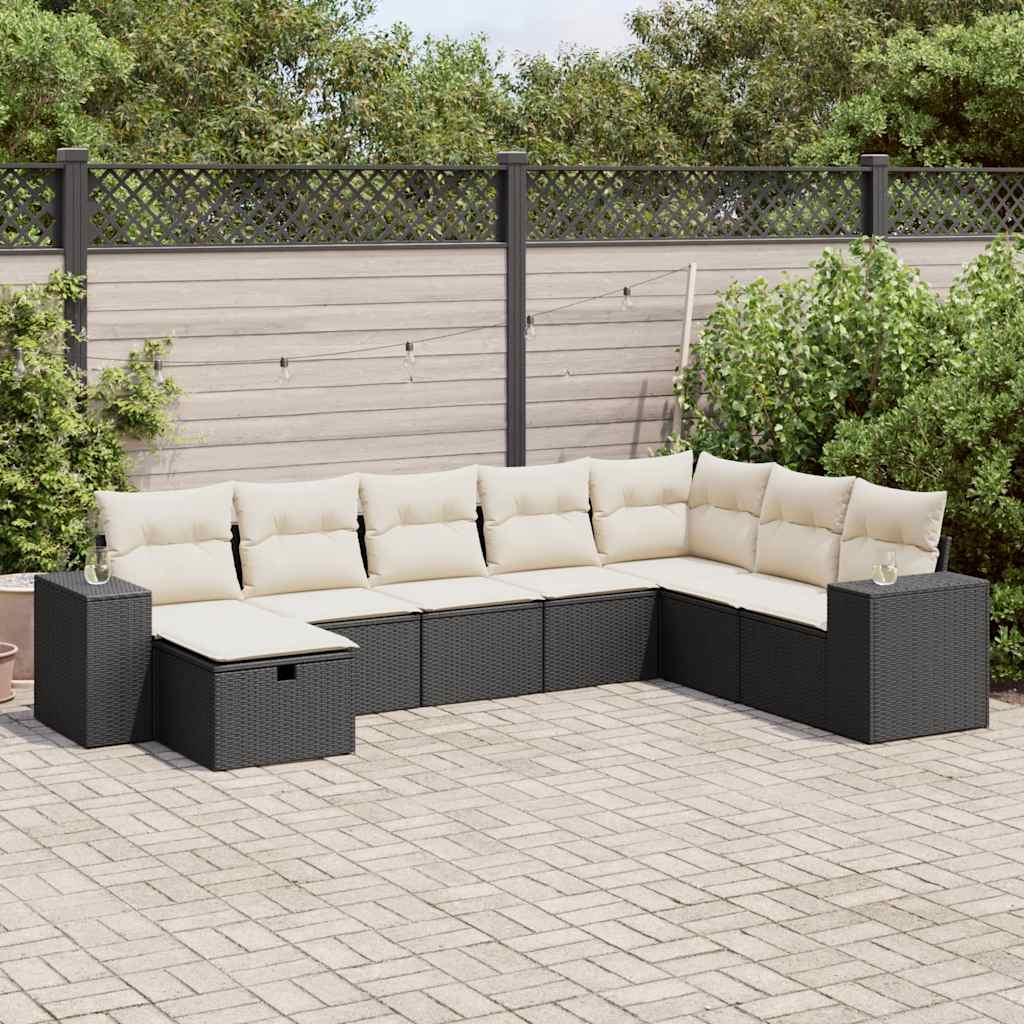 8 Piece Garden Sofa Set with Cushions Black Poly Rattan