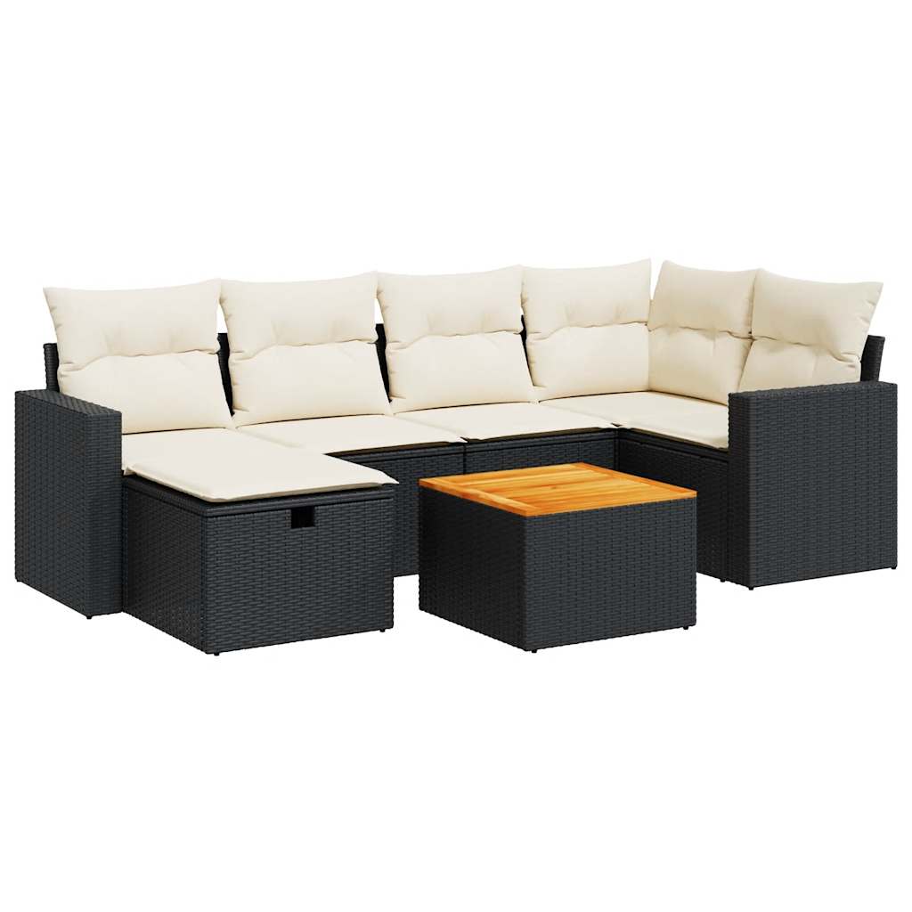 7 Piece Garden Sofa Set with Cushions Black Poly Rattan