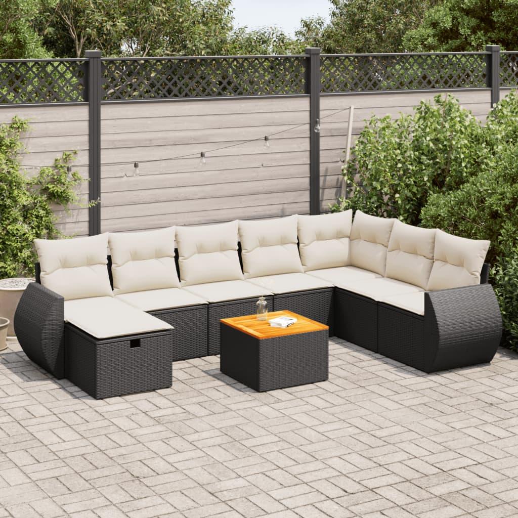 9 Piece Garden Sofa Set with Cushions Black Poly Rattan