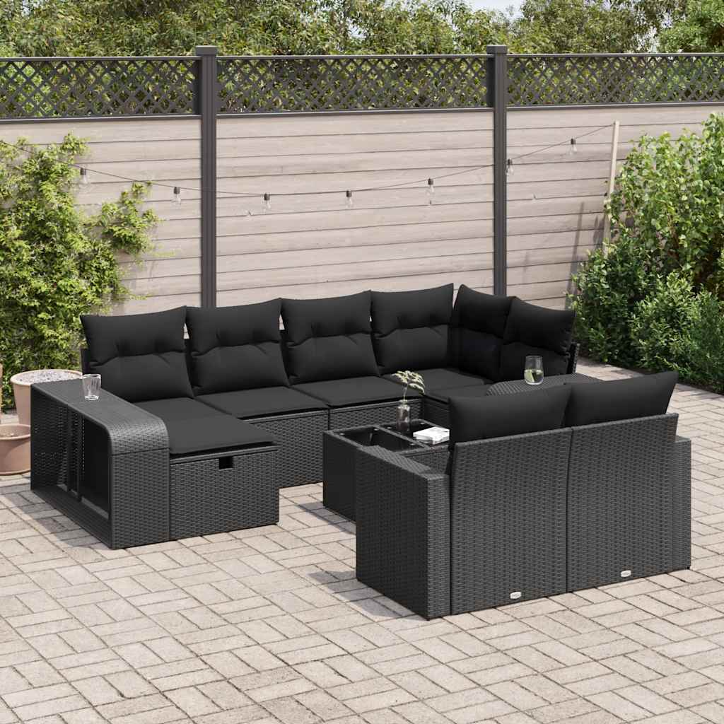 11 Piece Garden Sofa Set with Cushions Black Poly Rattan