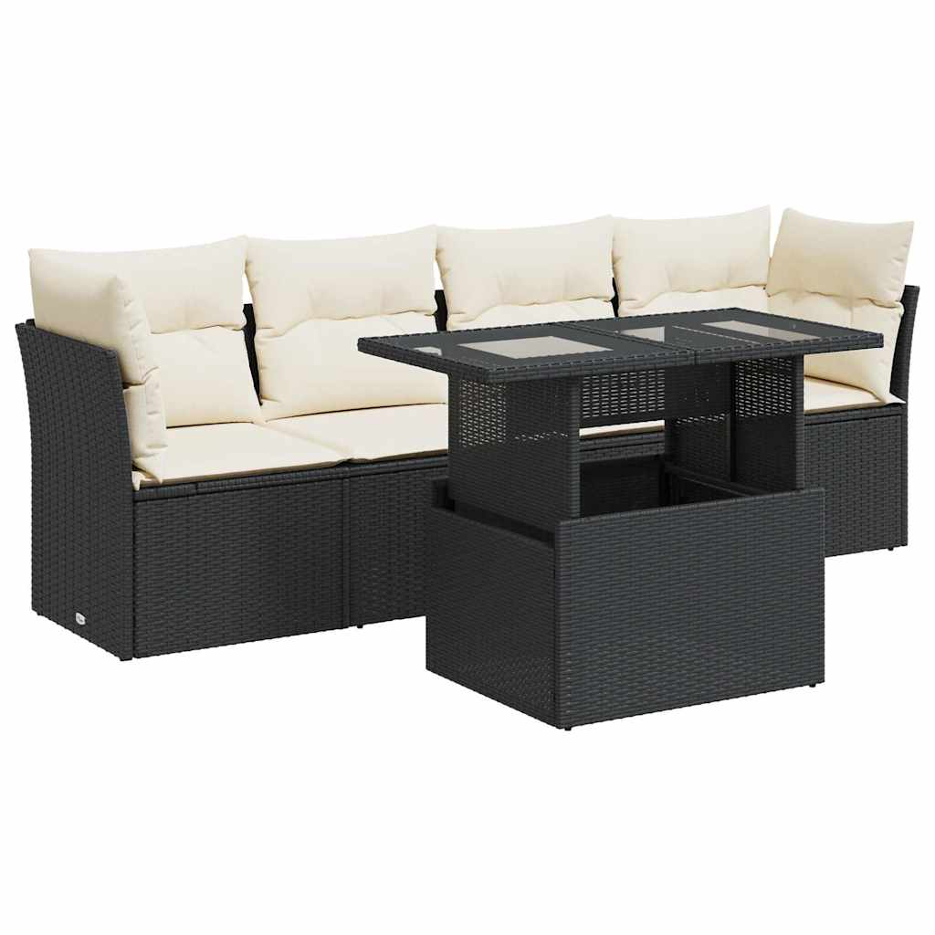 5 Piece Garden Sofa Set with Cushions Black Poly Rattan
