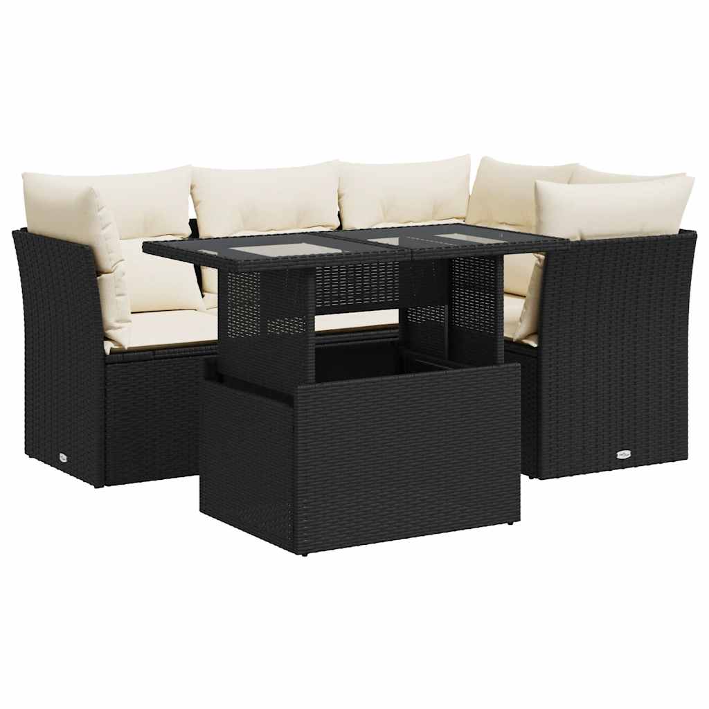 5 Piece Garden Sofa Set with Cushions Black Poly Rattan