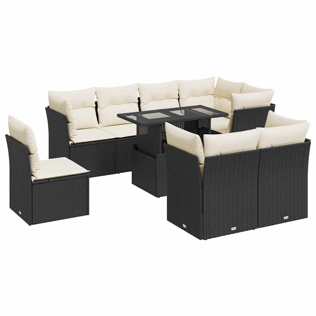 9 Piece Garden Sofa Set with Cushions Black Poly Rattan