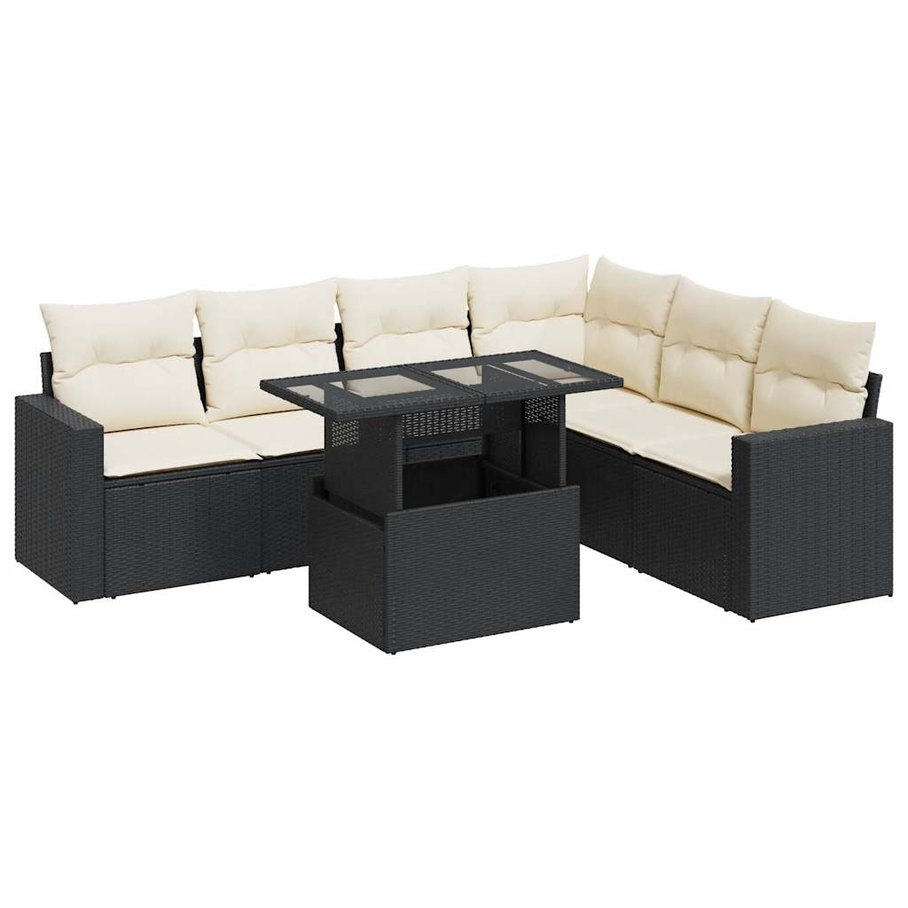 7 Piece Garden Sofa Set with Cushions Black Poly Rattan