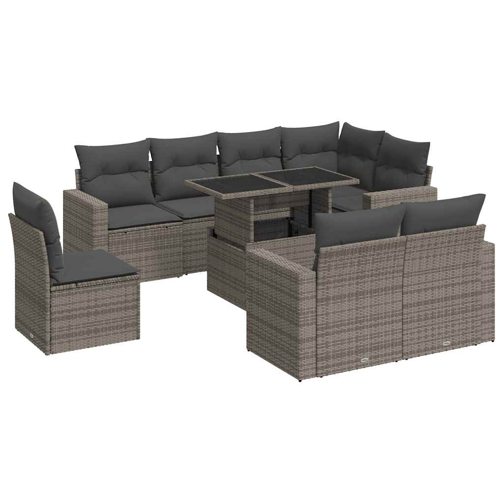9 Piece Garden Sofa Set with Cushions Grey Poly Rattan
