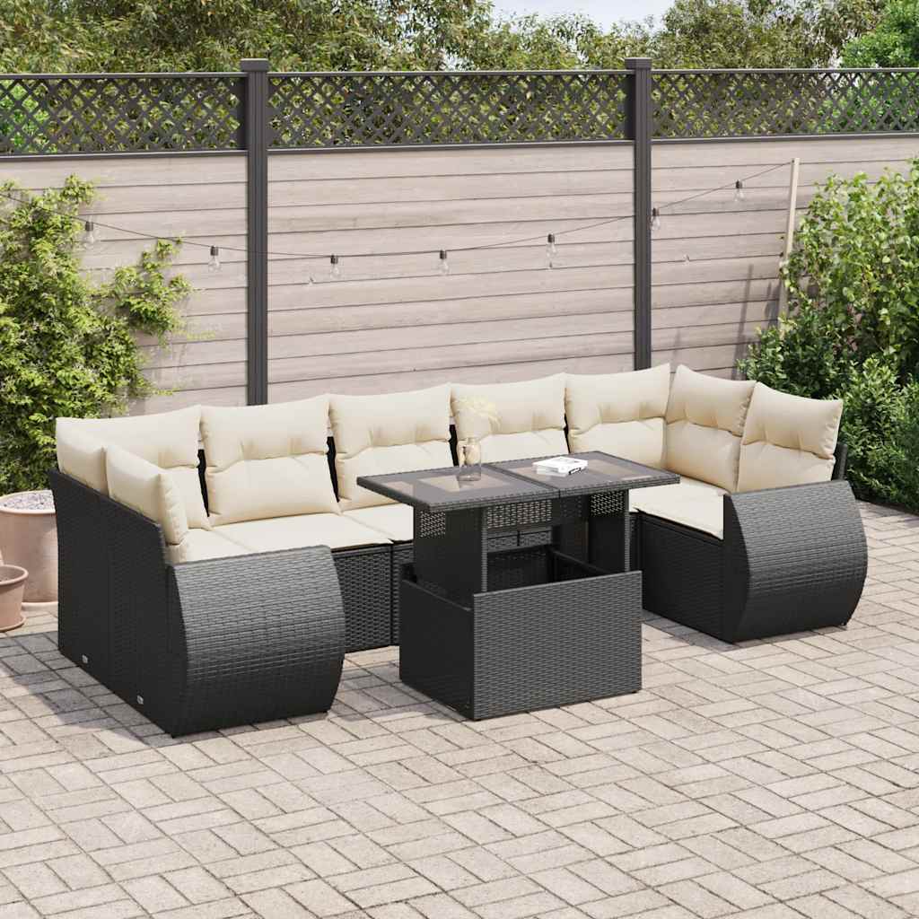 8 Piece Garden Sofa Set with Cushions Black Poly Rattan