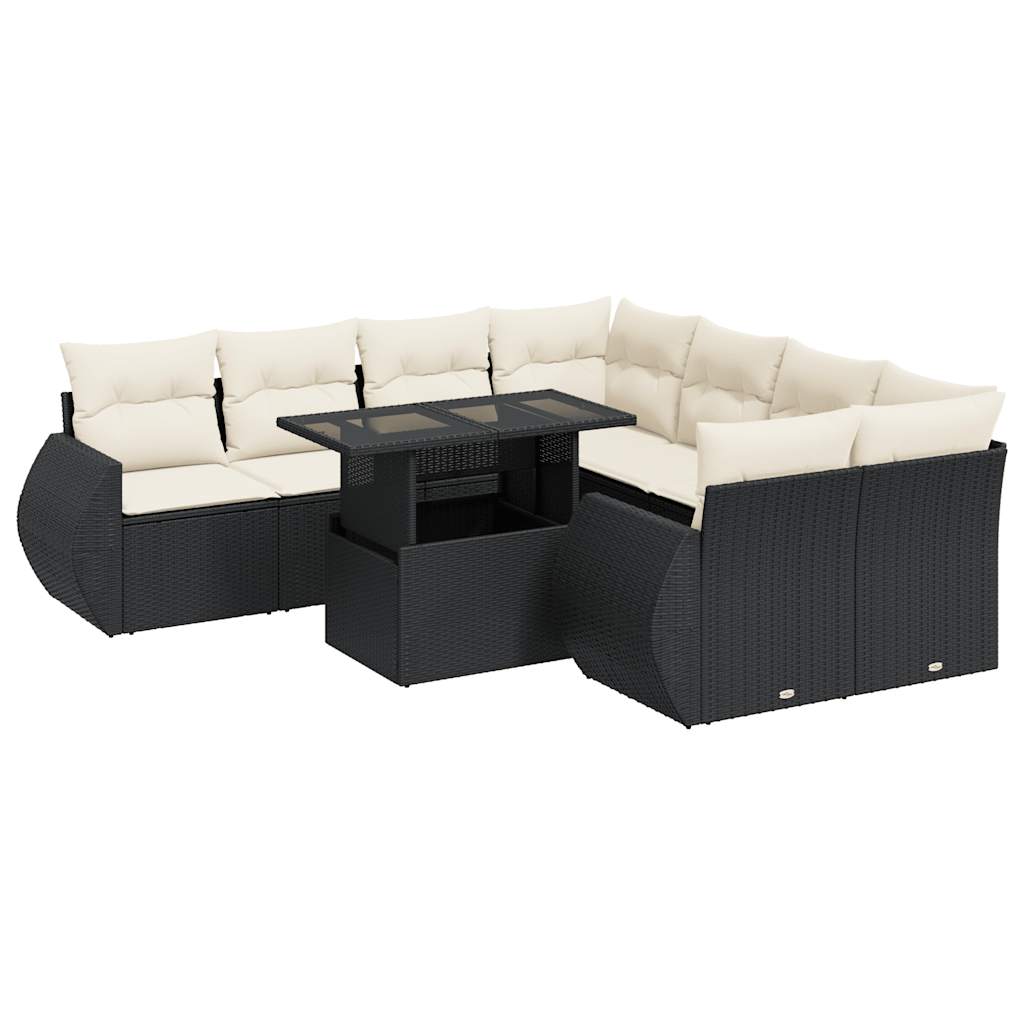 9 Piece Garden Sofa Set with Cushions Black Poly Rattan