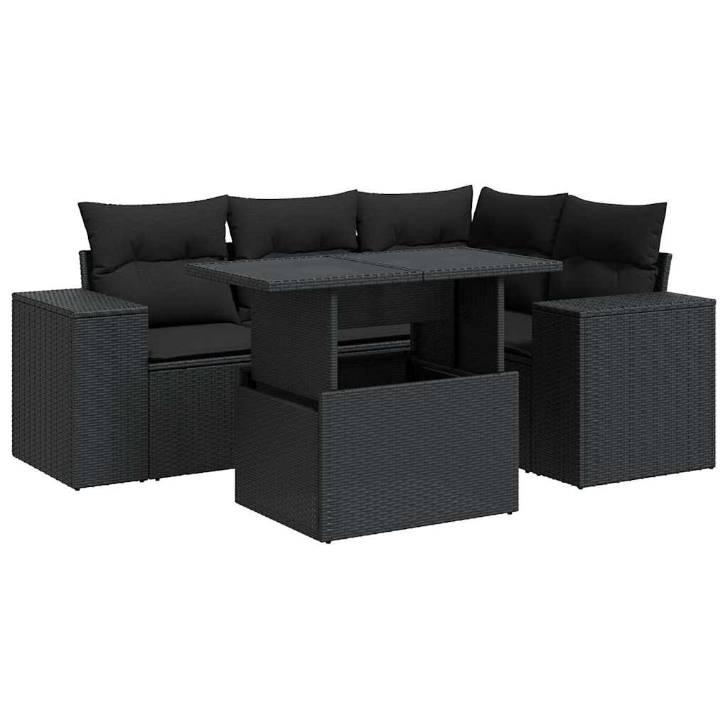 5 Piece Garden Sofa Set with Cushions Black Poly Rattan