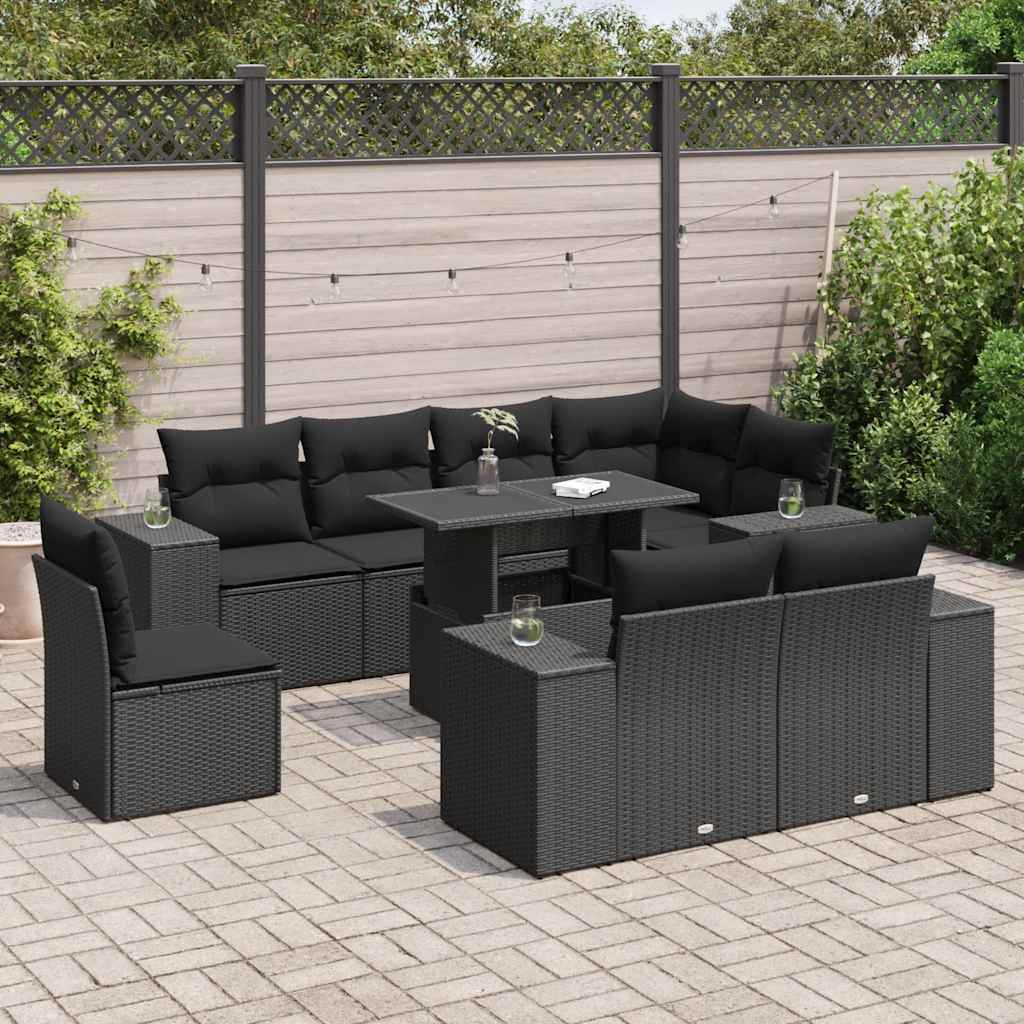 9 Piece Garden Sofa Set with Cushions Black Poly Rattan