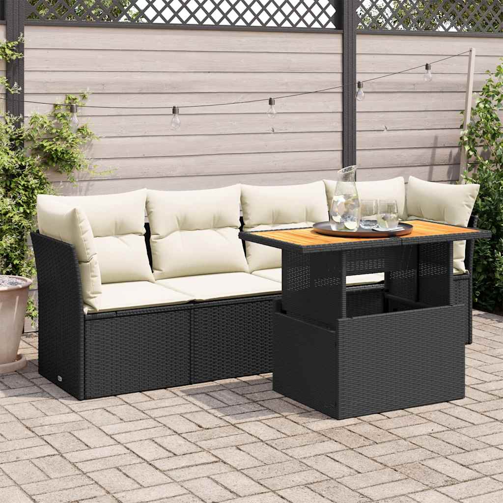 5 Piece Garden Sofa Set with Cushions Black Poly Rattan