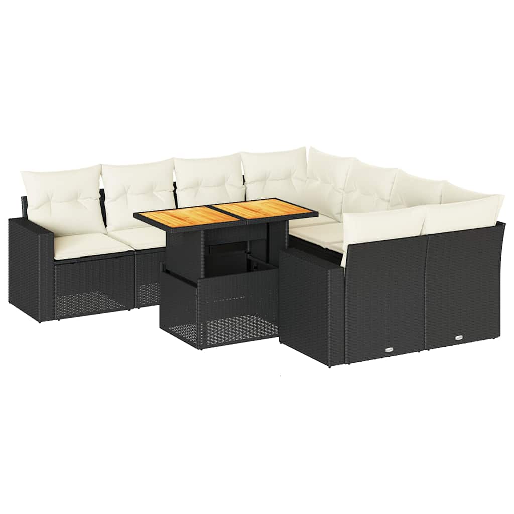 9 Piece Garden Sofa Set with Cushions Black Poly Rattan