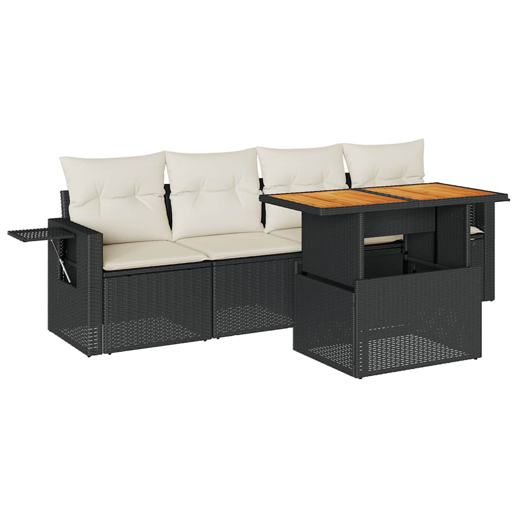 5 Piece Garden Sofa Set with Cushions Black Poly Rattan