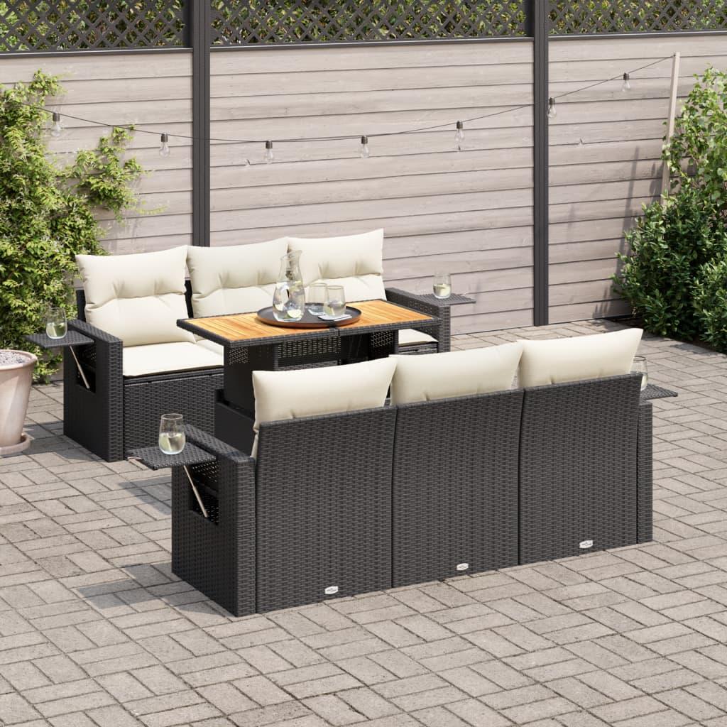7 Piece Garden Sofa Set with Cushions Black Poly Rattan