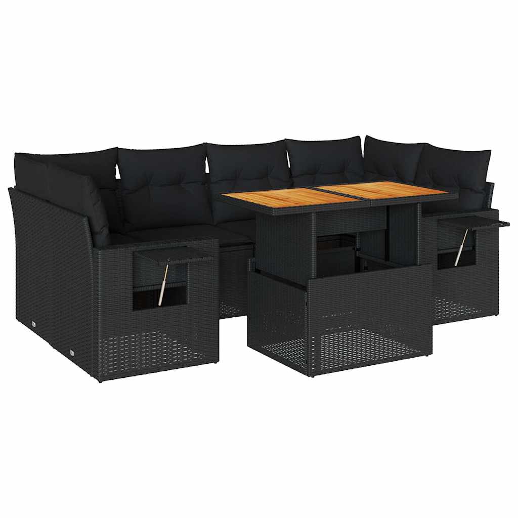 7 Piece Garden Sofa Set with Cushions Black Poly Rattan