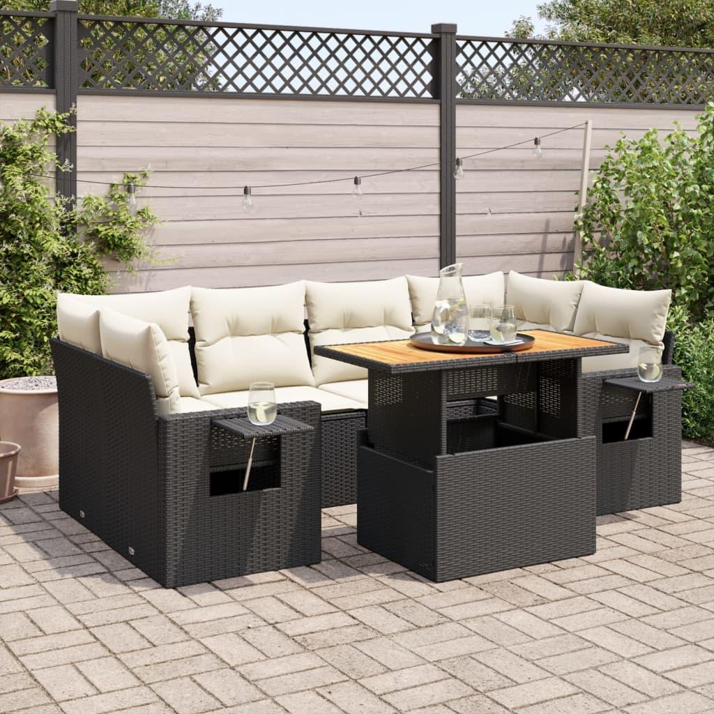 7 Piece Garden Sofa Set with Cushions Black Poly Rattan