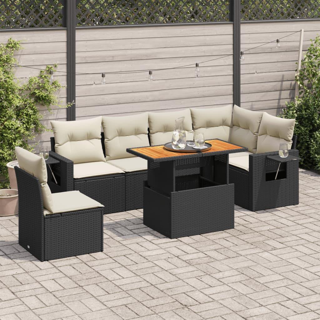7 Piece Garden Sofa Set with Cushions Black Poly Rattan