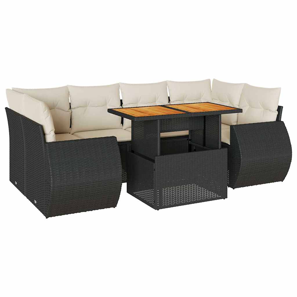 7 Piece Garden Sofa Set with Cushions Black Poly Rattan