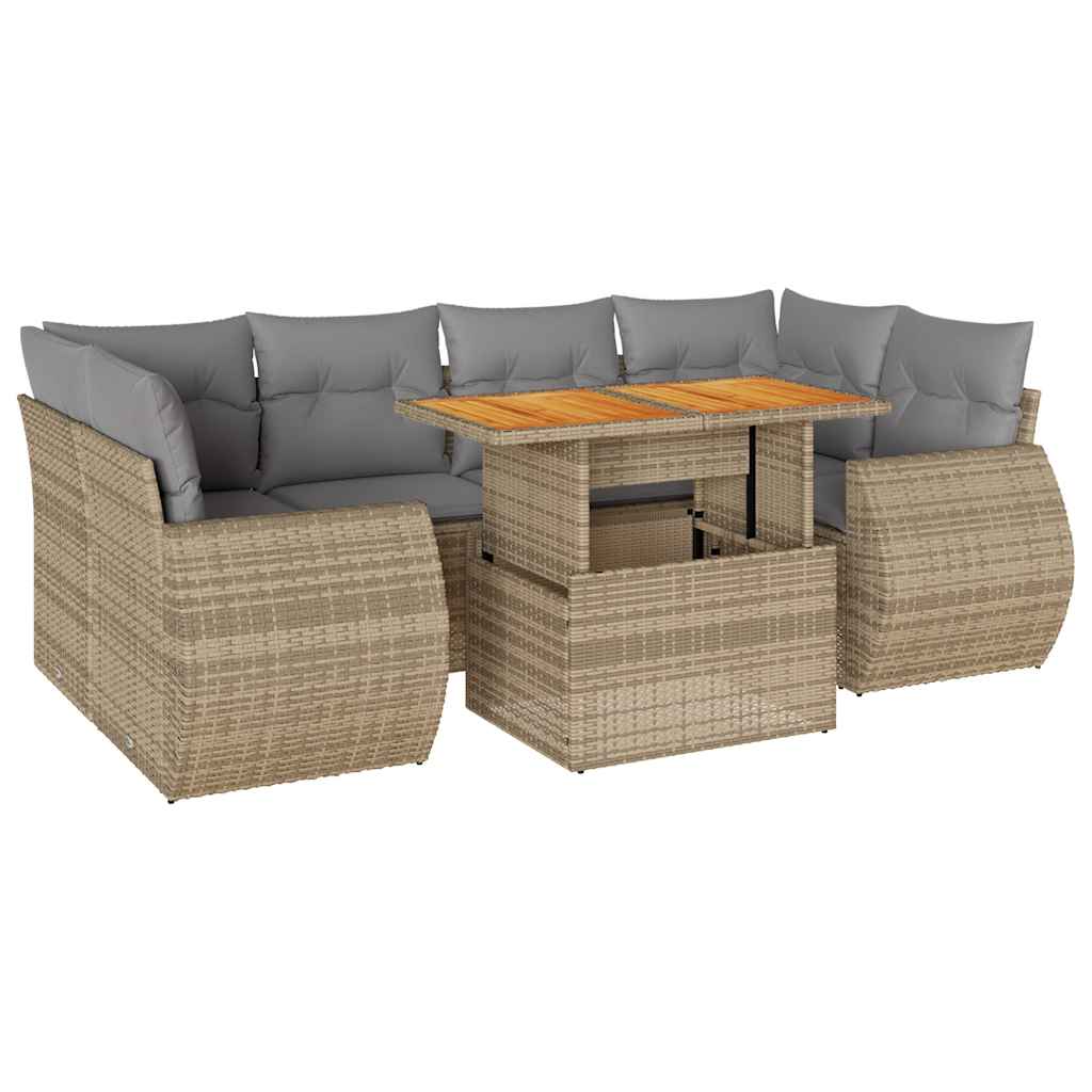 7 Piece Garden Sofa Set with Cushions Beige Poly Rattan