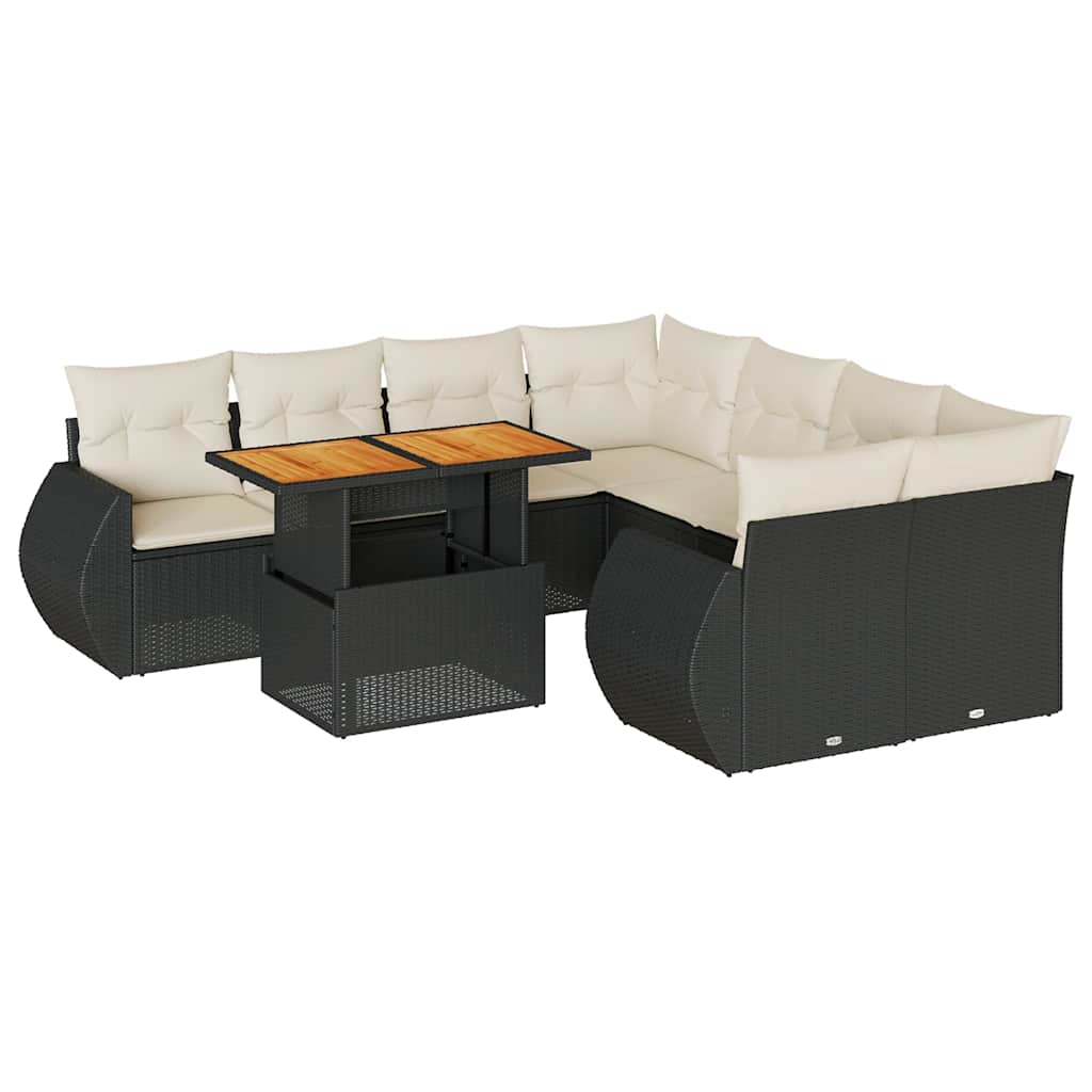 9 Piece Garden Sofa Set with Cushions Black Poly Rattan