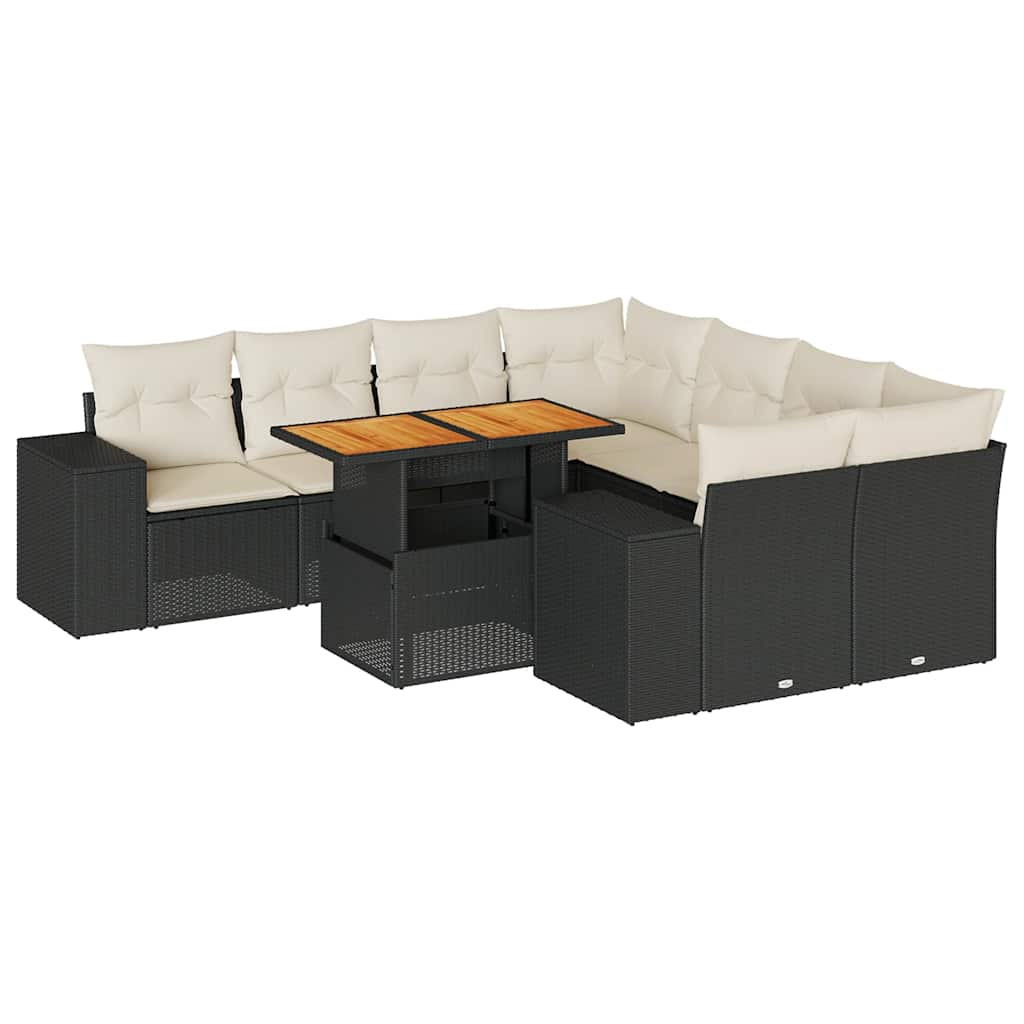 9 Piece Garden Sofa Set with Cushions Black Poly Rattan