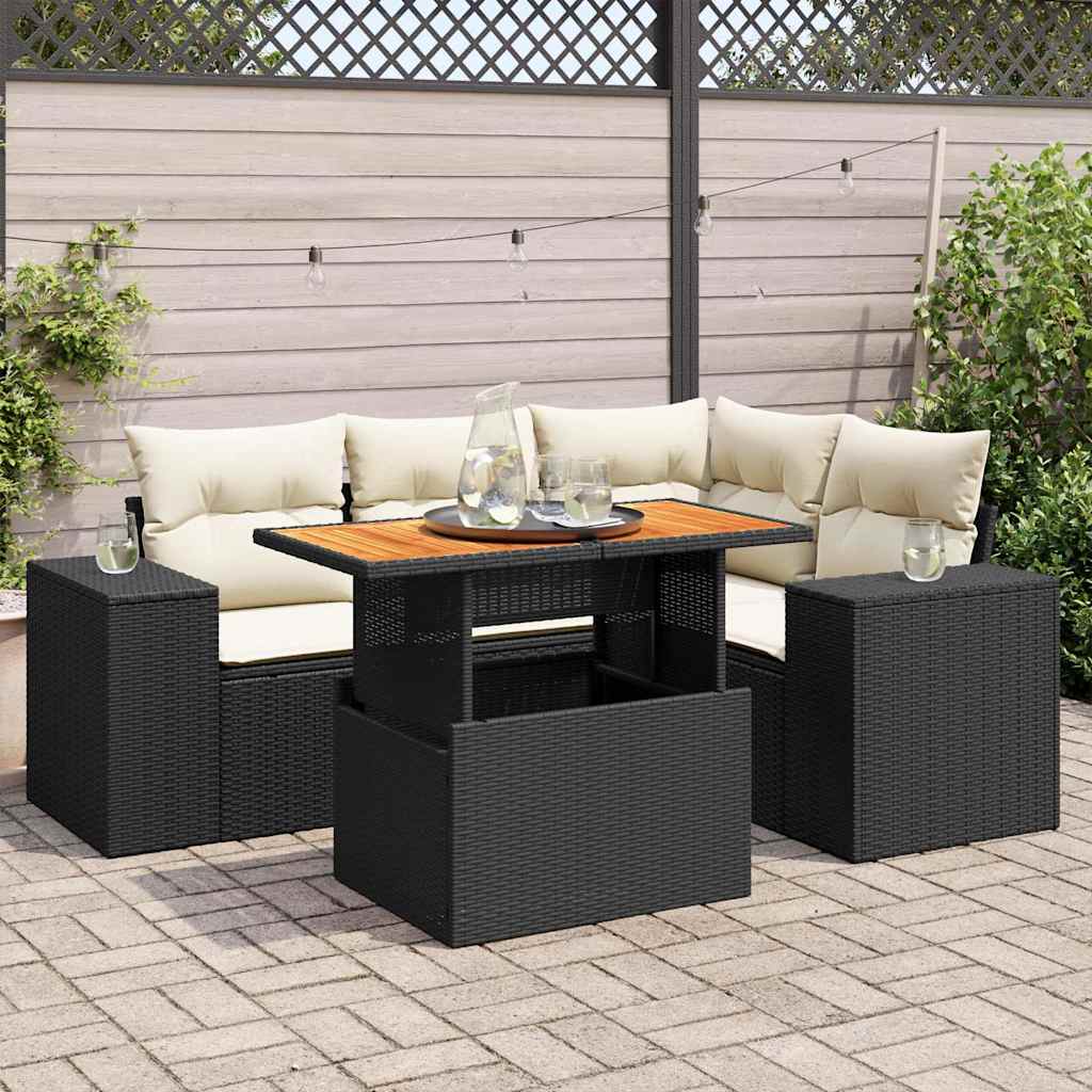 5 Piece Garden Sofa Set with Cushions Black Poly Rattan