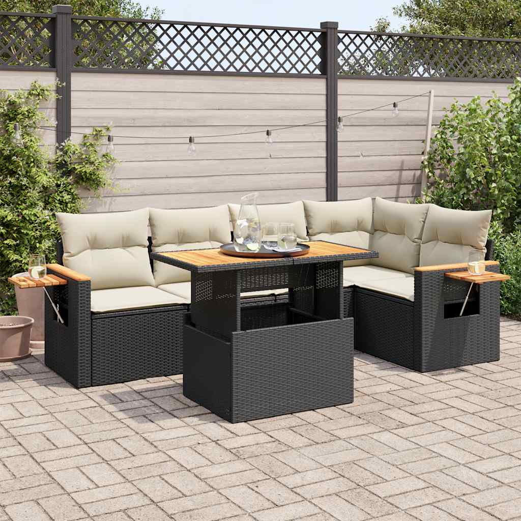 5 Piece Garden Sofa Set with Cushions Black Poly Rattan Acacia