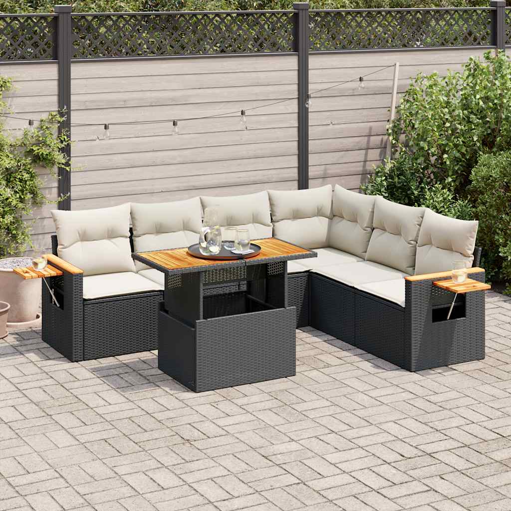 6 Piece Garden Sofa Set with Cushions Black Poly Rattan Acacia