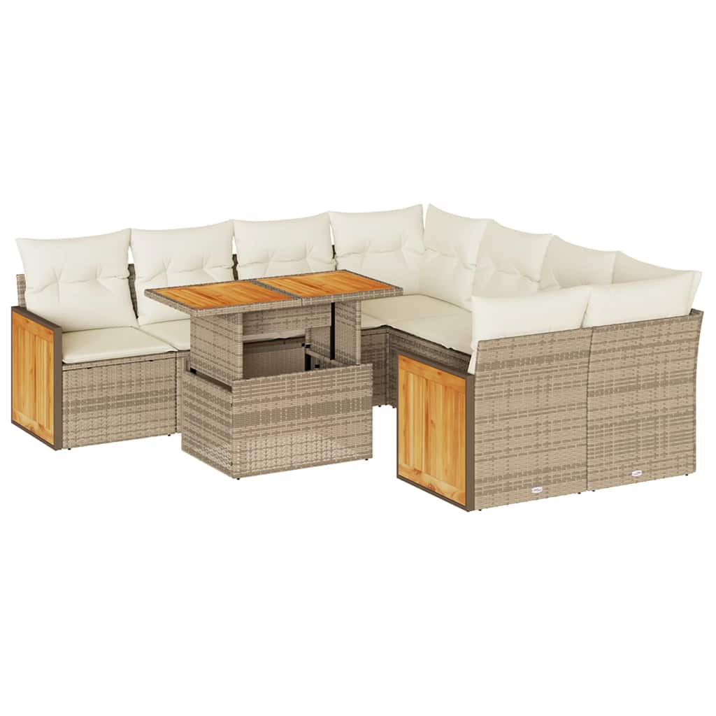 9 Piece Garden Sofa Set with Cushions Beige Poly Rattan Acacia