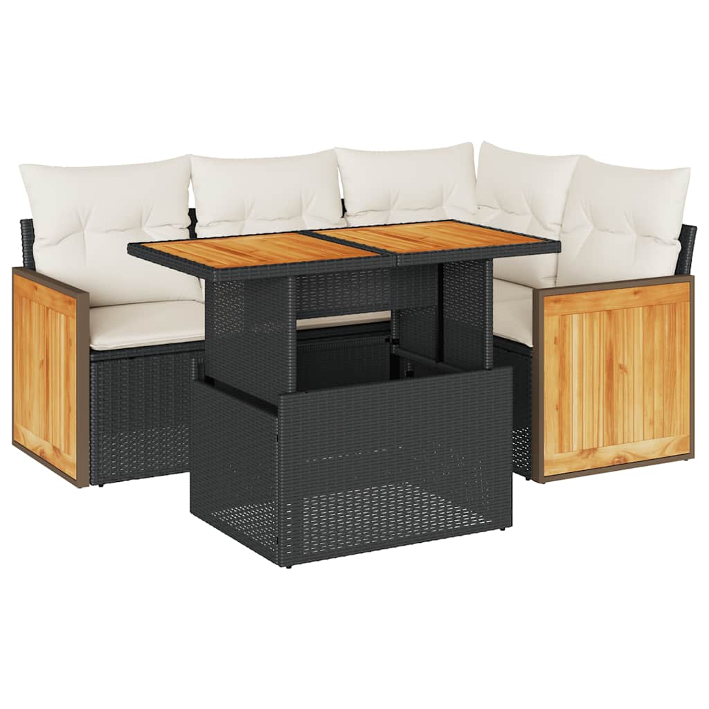 5 Piece Garden Sofa Set with Cushions Black Poly Rattan Acacia