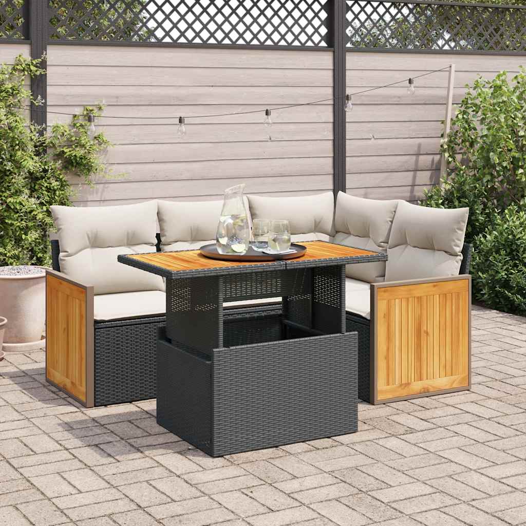 5 Piece Garden Sofa Set with Cushions Black Poly Rattan Acacia
