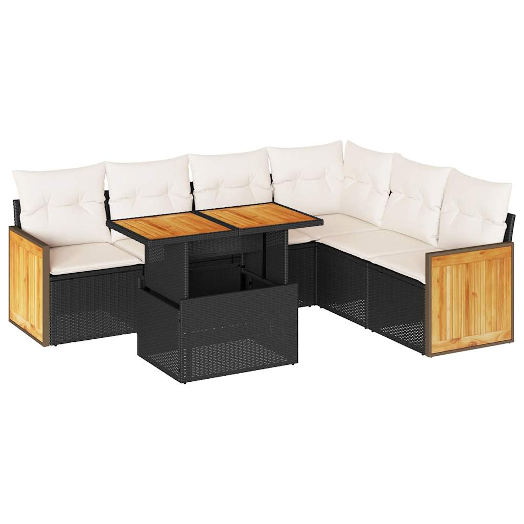 7 Piece Garden Sofa Set with Cushions Black Poly Rattan Acacia