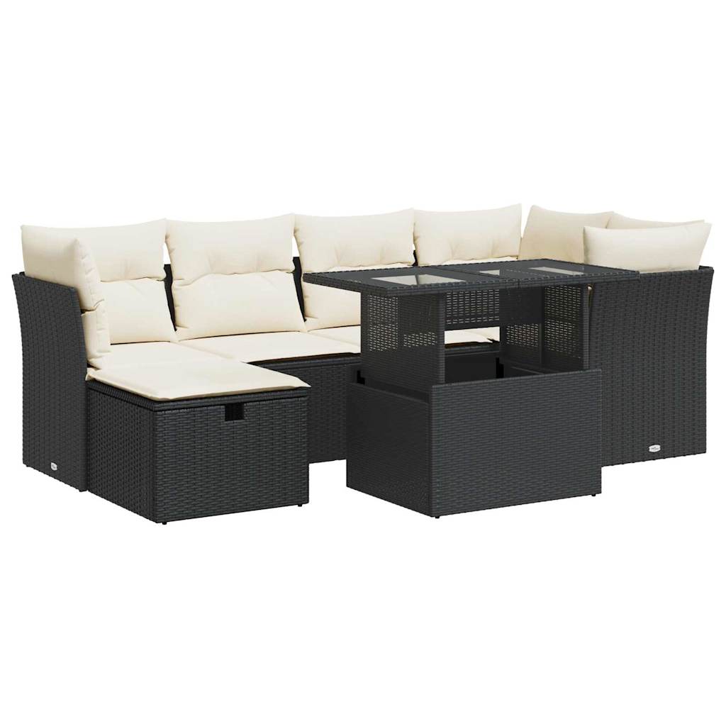 7 Piece Garden Sofa Set with Cushions Black Poly Rattan