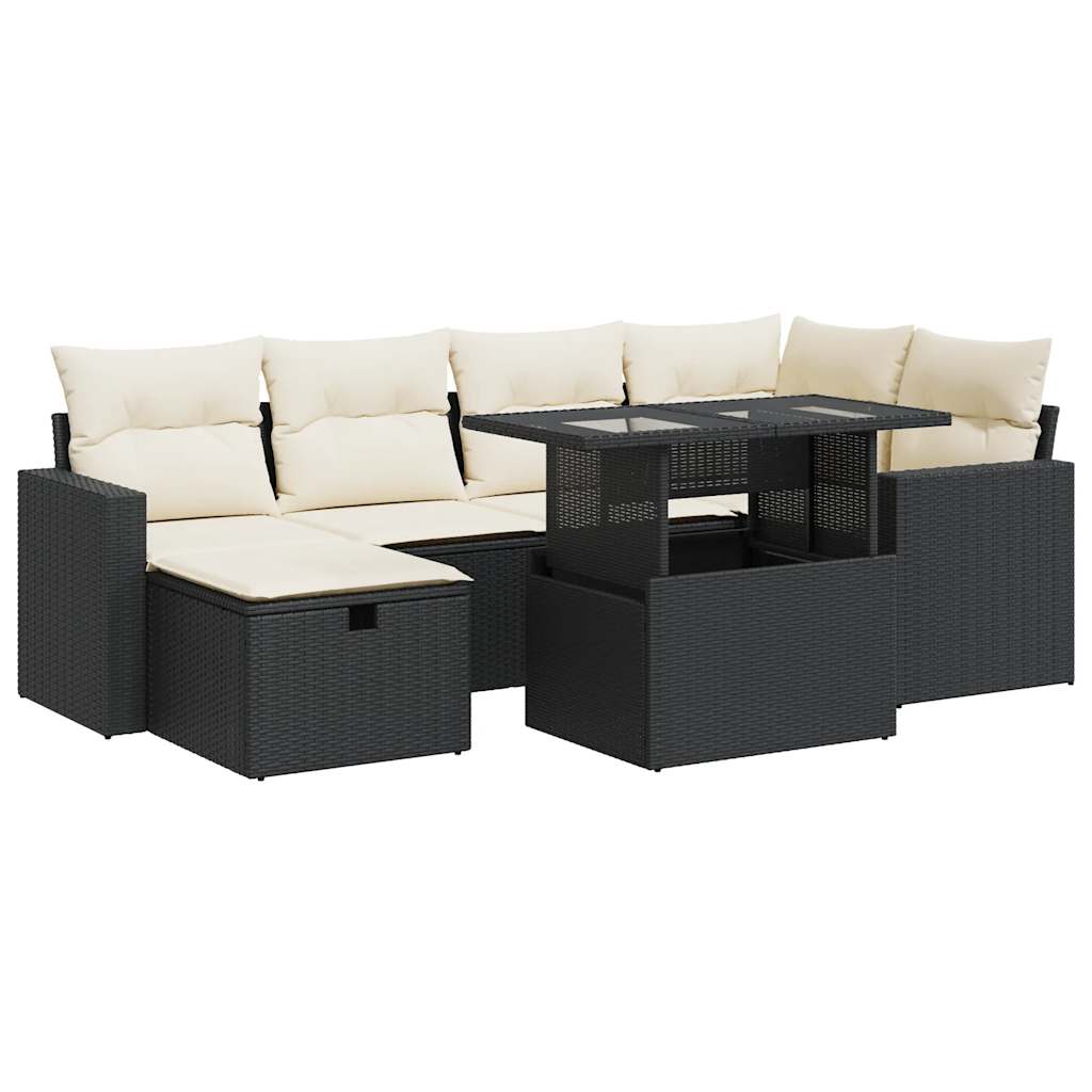 7 Piece Garden Sofa Set with Cushions Black Poly Rattan