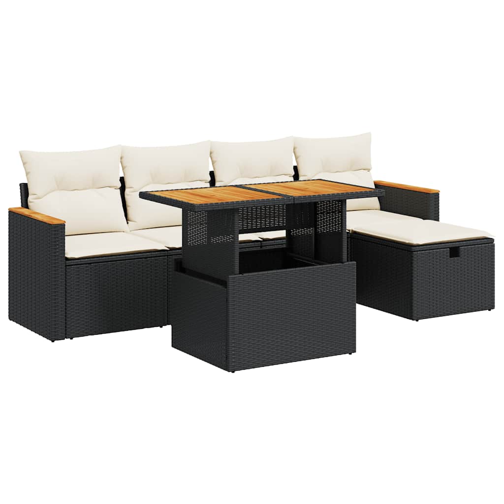 6 Piece Garden Sofa Set with Cushions Black Poly Rattan