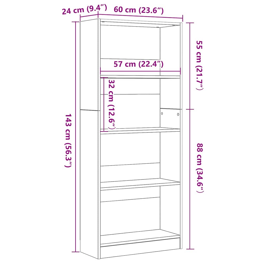 Bookcase Black Oak 60 x 24 x 143 cm Engineered Wood