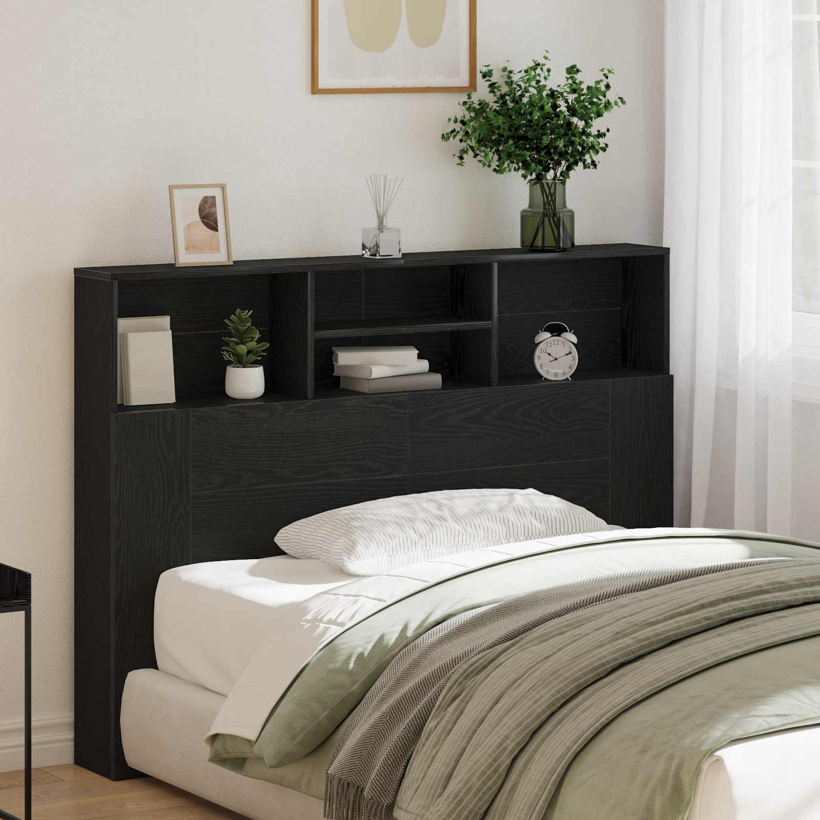 Headboard Cabinet Black Oak Engineered Wood
