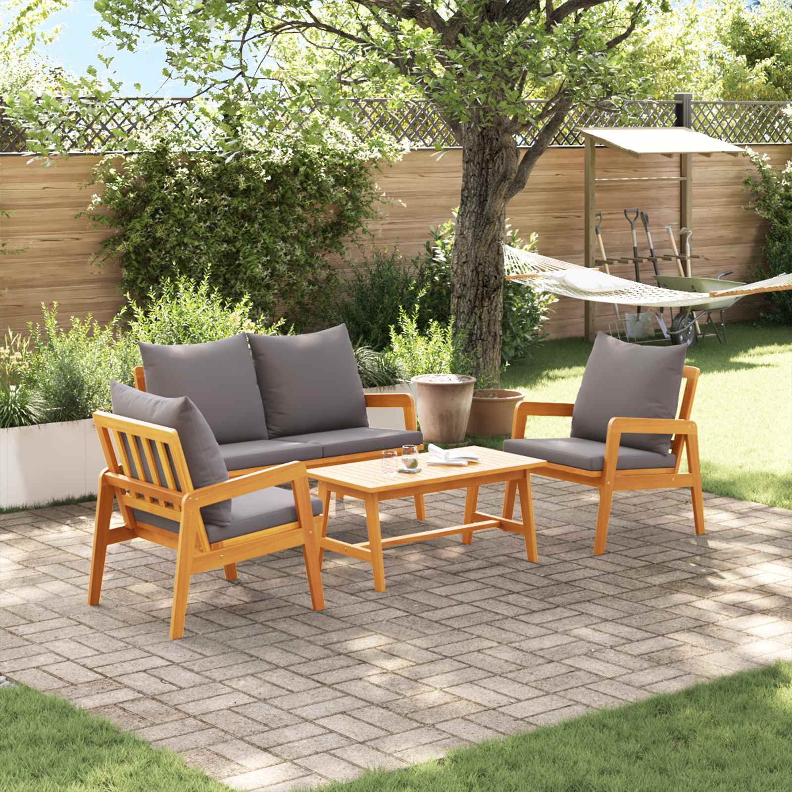 Bistro Set with Cushion 4 pcs Brown Solid Acacia Wood