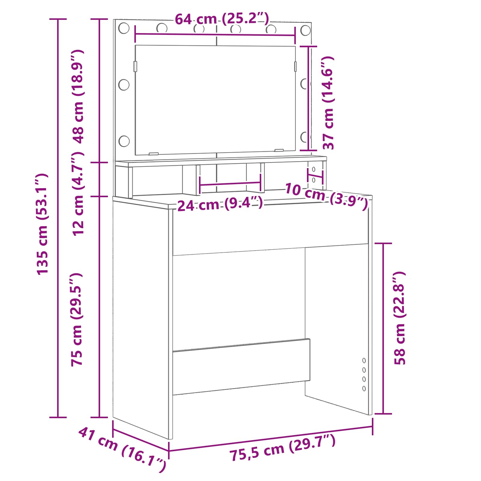 Dressing Table White 78,5 x 41 x 135 cm Engineered Wood
