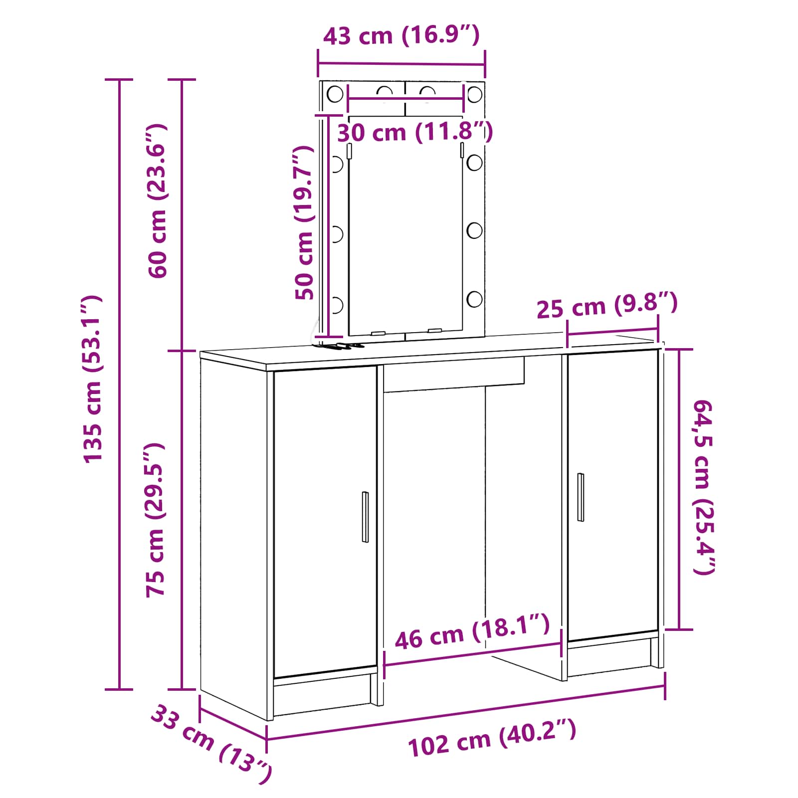 Dressing Table White 102 x 33 x 135 cm Engineered Wood