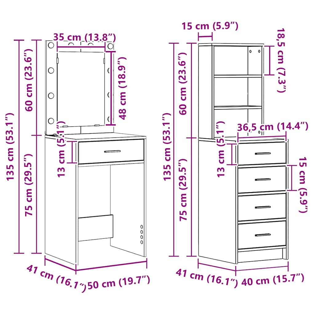 Dressing Table 2 pcs White 50 x 41 x 135 cm Engineered wood