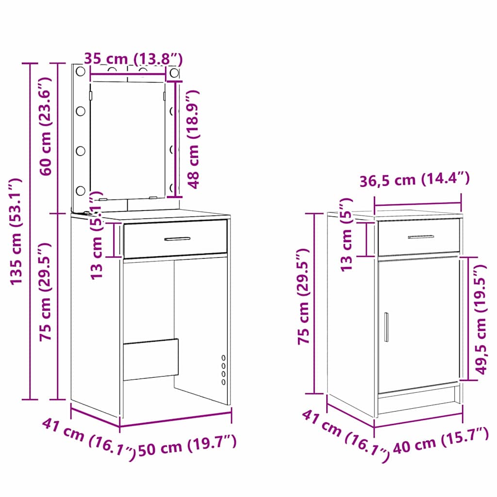 Dressing Table 2 pcs White 50 x 41 x 135 cm Engineered wood