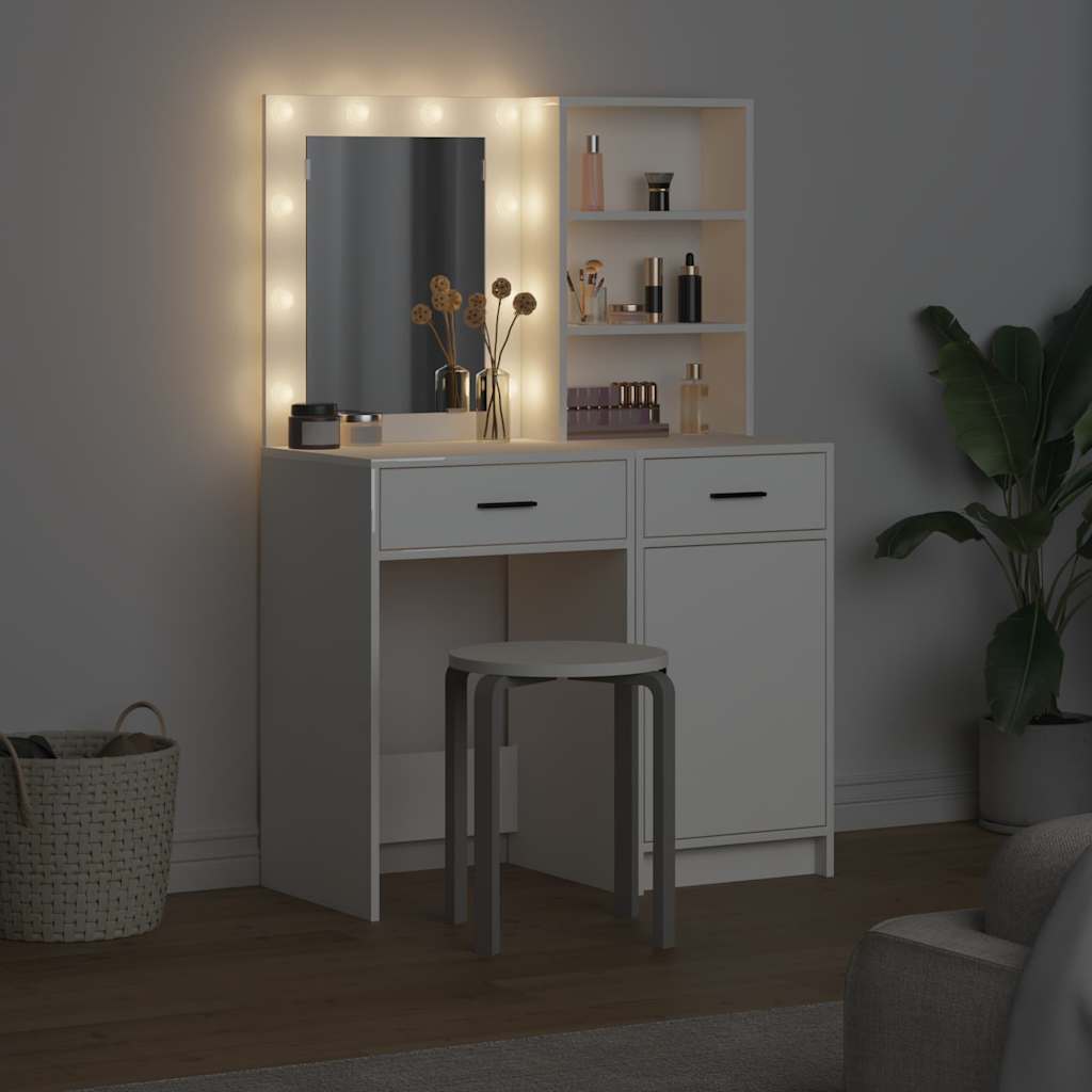 Dressing Table Set with LED 2 pcs White Engineered Wood