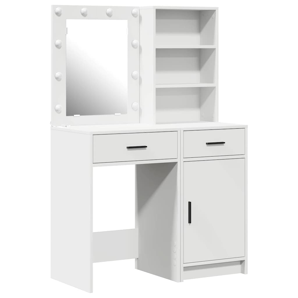Dressing Table Set with LED 2 pcs White Engineered Wood