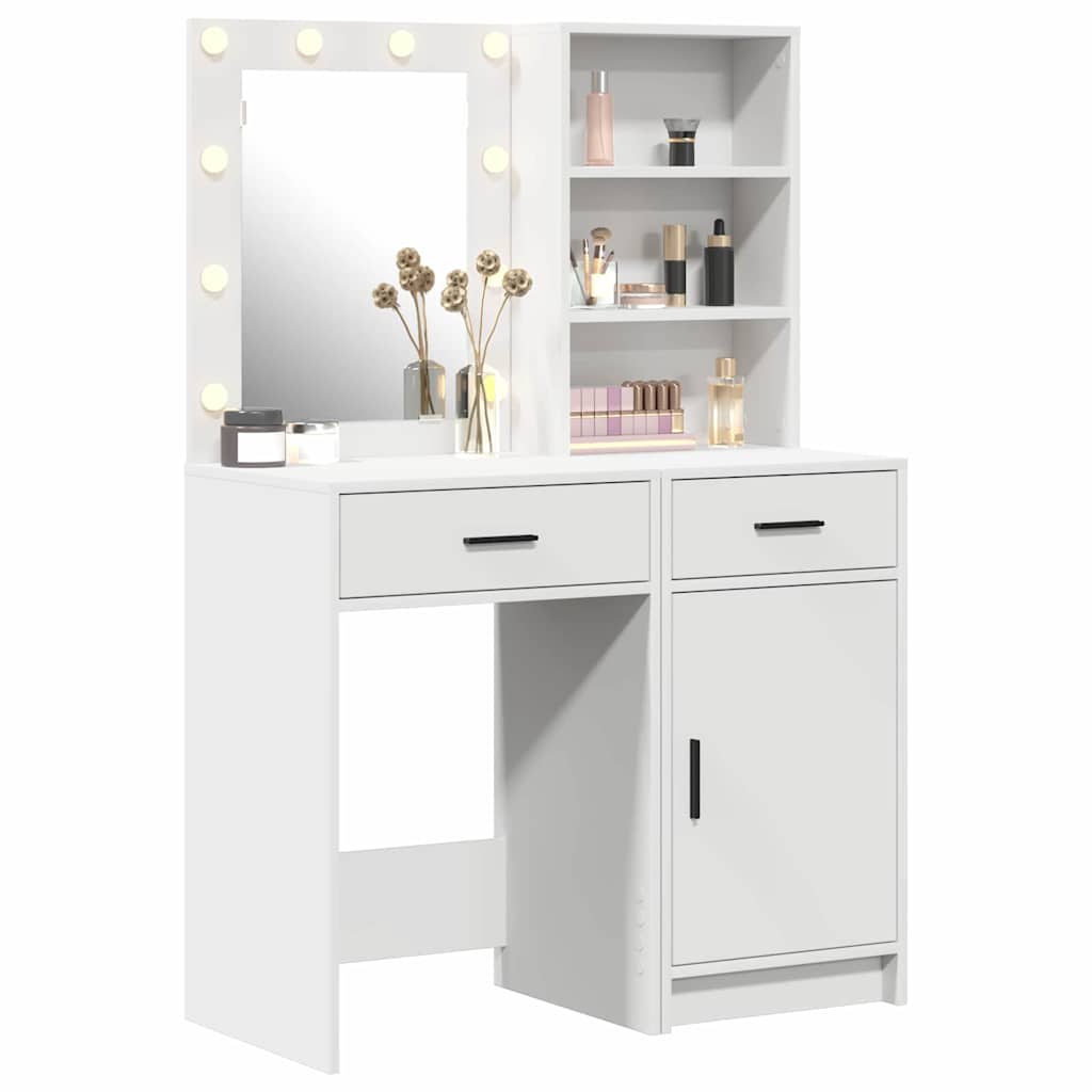 Dressing Table Set with LED 2 pcs White Engineered Wood