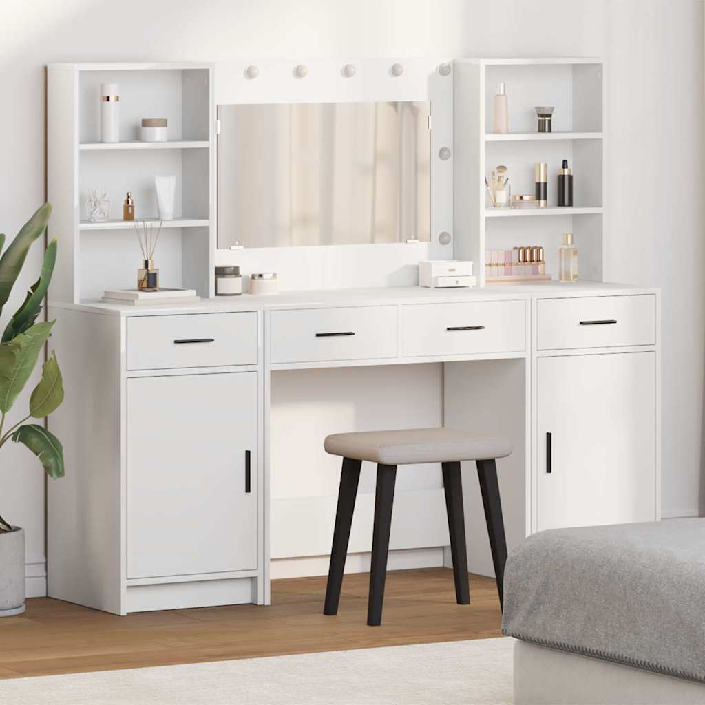 Dressing Table Set with LED 3 pcs White Engineered Wood