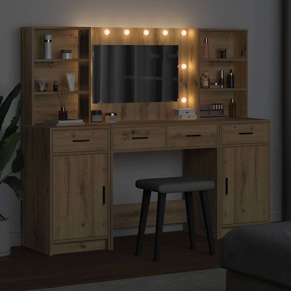 Dressing Table Set with LED 3 pcs Artisan Oak Engineered Wood