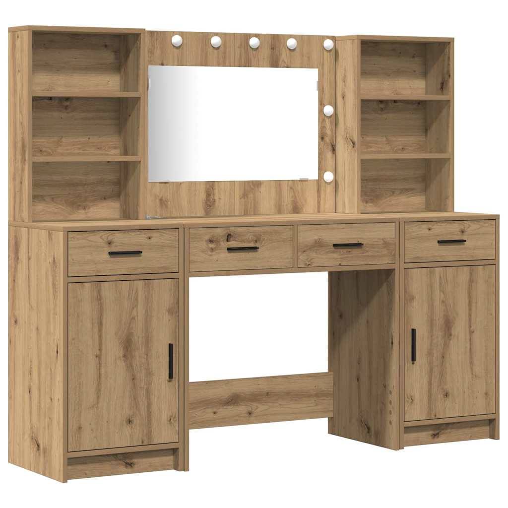 Dressing Table Set with LED 3 pcs Artisan Oak Engineered Wood