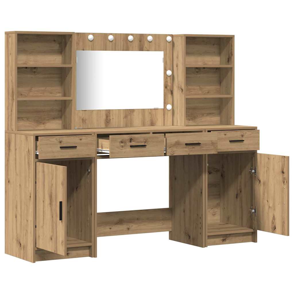 Dressing Table Set with LED 3 pcs Artisan Oak Engineered Wood